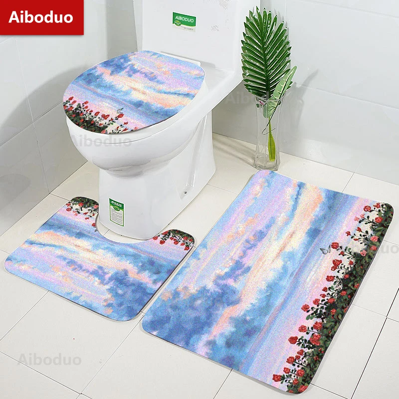 

Aiboduo 3pcs/set Toilet Lid Cover Set NonSlip Girly Cute Restroom Rug Carpet 50*80cm Painting Pink Warm Home Decoration BathMat