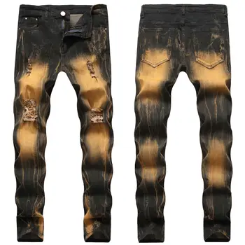 

New Men Stretch Straight Denim Jeans Pants Casual Washing yellow Men's Trousers Male Biker Ripped Jeans Brand Clothing