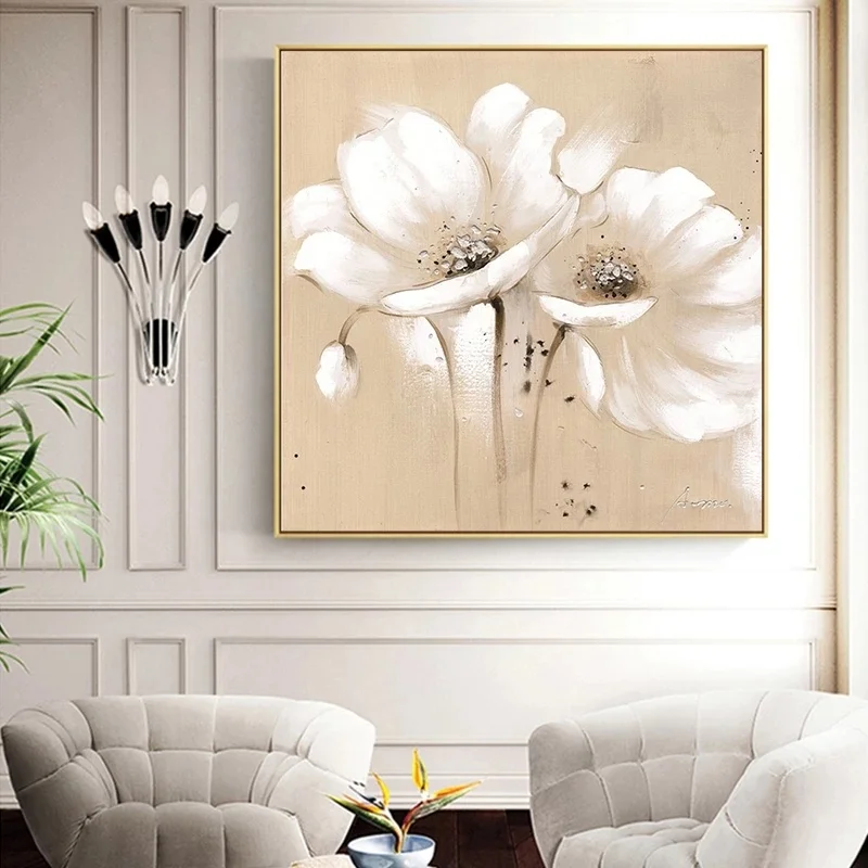 Grandi Fiori Astratti Dipinti Su Tela Elegante Colore Bianco Moderno Poppies Fiori Poster E Immagini Di Arte Della Parete Per Soggiorno