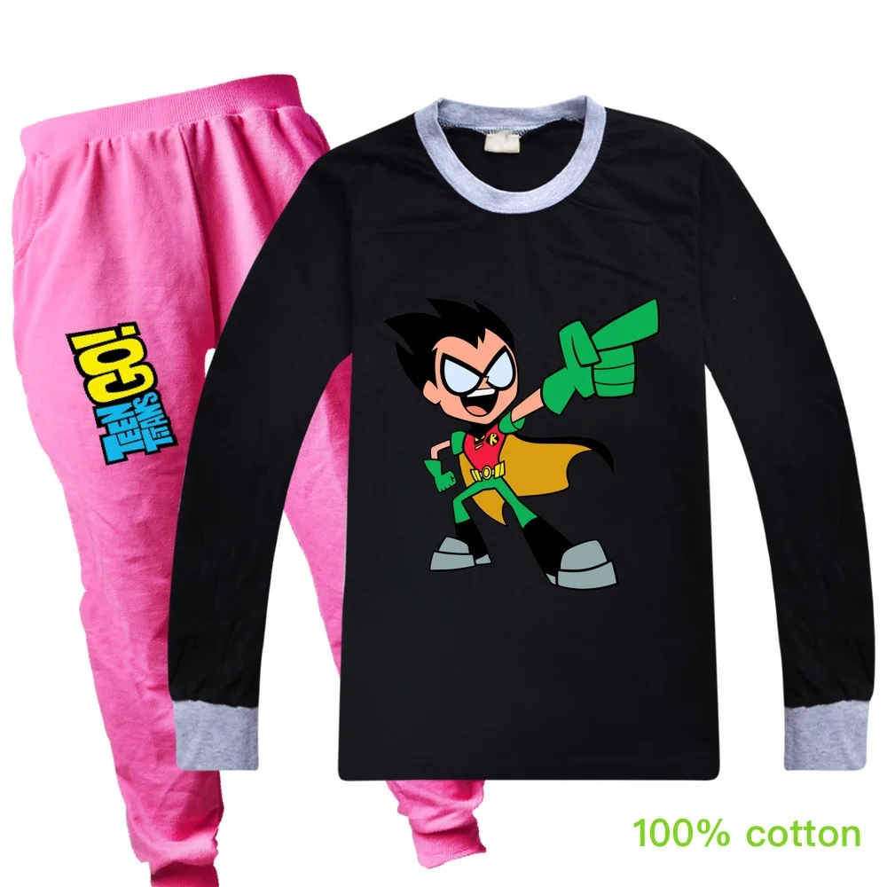 Комплект модной осенней одежды для мальчиков «Teen Titans GO» комплект из 2 предметов, черная футболка+ штаны спортивный костюм для мальчиков одежда для отдыха, TF086