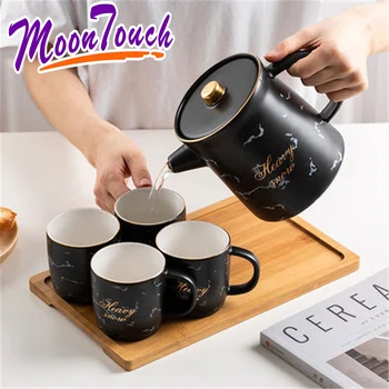 

Light Luxury European Simple Style Coffee Cup and Pot With Wooden Tray Spoon Ceramic Milk Mug Teapot Stone Grain Tea Set