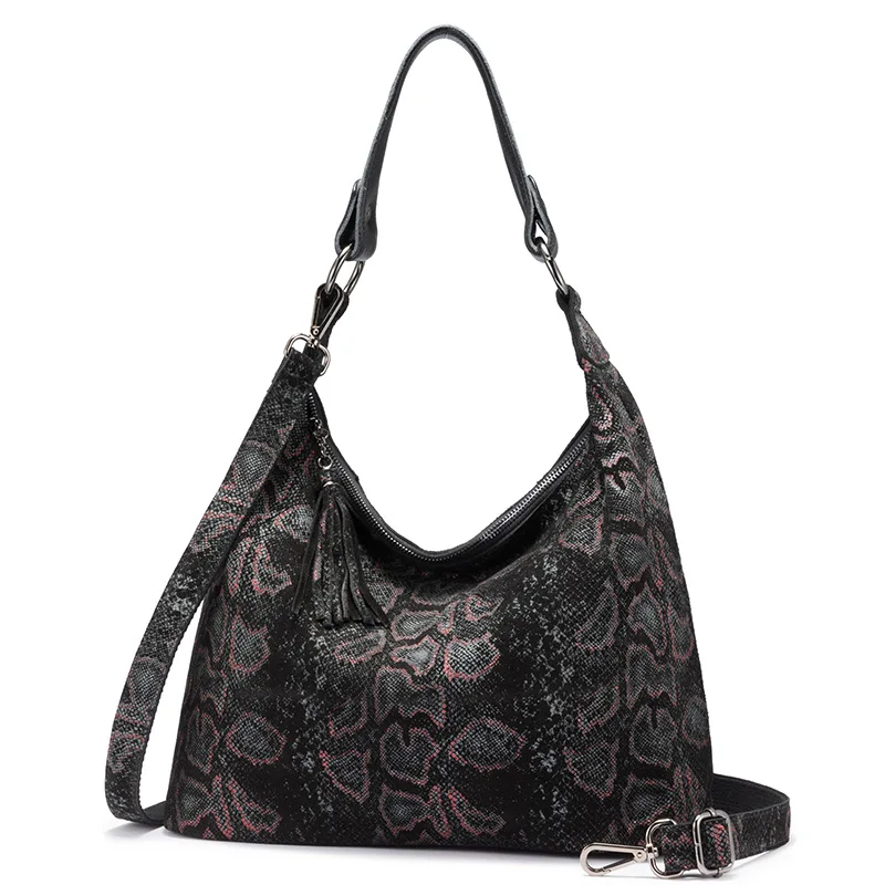 REALER/сумки на плечо из натуральной кожи для женщин роскошная дизайнерская сумка большие вместительные сумки с кисточками и принтами животных, сумка через плечо - Цвет: black-red