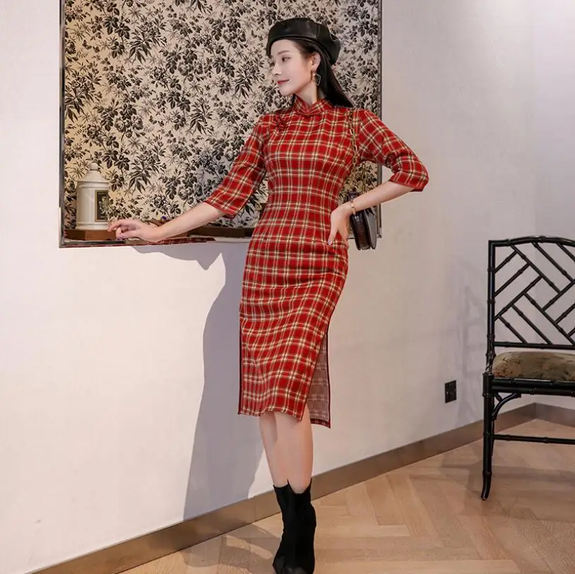 Осень китайский cheongsam qipao женское сексуальное платье с разрезом Женская традиционная одежда винтажная клетчатая qipao красный синий 3XL - Цвет: 1
