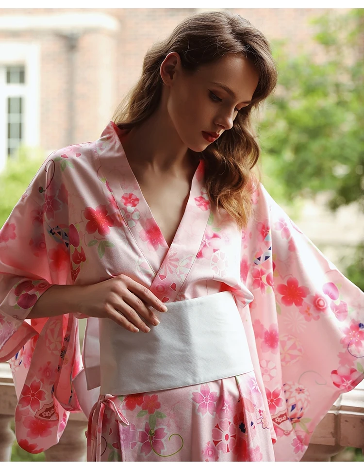 Sexy pink Japanese-style print kimono ancient robe bow perspective uniform temptation nightgown nightdress suit