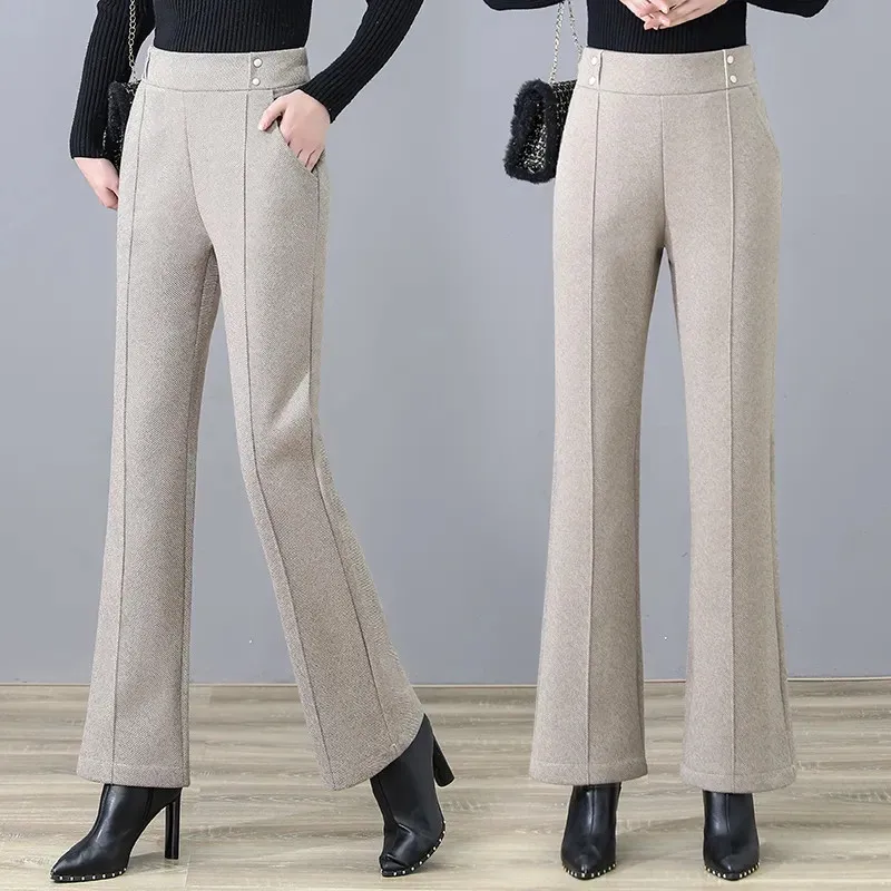 work pants 2022 New Women Autumn Winter High-waisted Pants Loose Slim Fashionable Flared Casual Trousers Female Plus Size Woolen Pants F289 trousers for women