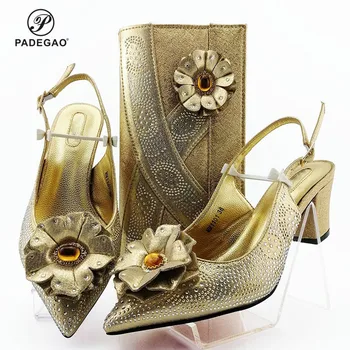 

Newest Arrivasl Italian Design in Golden Color Shoes and Bag Set with Shinning Crystal for Evening Dress African Lady Shoes
