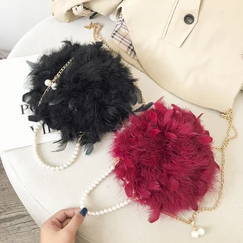 

Korean Soft Feather Pearl Chain Evening Handbag Women Fashion Shoulder Mini Bag Small Purse And Handbags Red Female Bolso Mujer