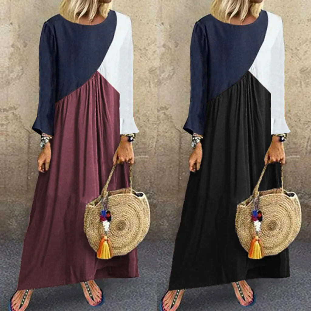 autumn dress Women 2019 NEW Coloured maxi dress Sleeve Simulated Hemp Autumn Winter plus size dress vestidos robe femme Q60