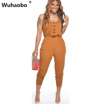 

Wuhaobo Summer Women Streetwear Jumpsuits Fashion O-Neck Button Casual Midi Pleated Rompers Bandage Vest One Piece Outfits Long