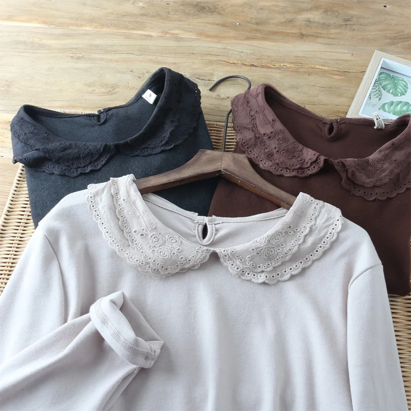 

doll collar solid color simple wild cotton t-shirt autumn and winter tee top TORVFD-0569HF