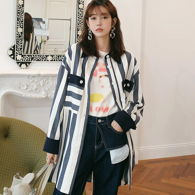 [EAM] Women Striped Split Joint Big Size Blouse