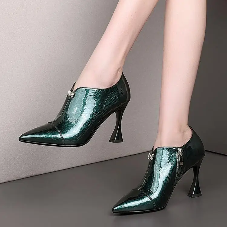 

Fall/winter pointed stiletto heels women's deep mouth single shoe side zipper bare boot head layer cowhide 8.5cm