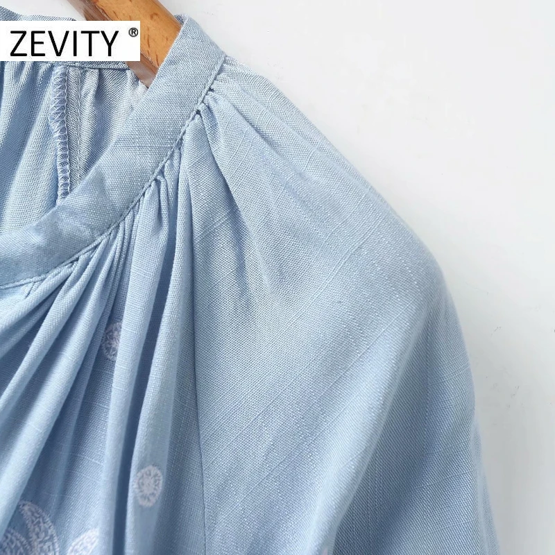 ZEVITY New women vintage v neck flower embroidery hem pleats mini dress female bow tie sashes vestido chic autumn dresses DS4424