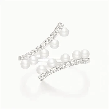 

S925 Sterling Silver Female Ring Luxury Classic Boutique Jewelry Asymmetric Zircon Pearl Jewelry