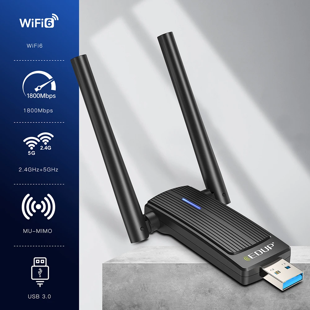 EDUP WiFi6 USB WiFi Adapter 1800Mbps Dual Band AX1800 2.4G 5.8GHz Network Card Wifi Dongle MU-MIMO USB3.0 For PC Laptop Windows