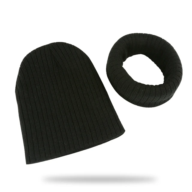 Winter Kids Boy Girl Solid Color Knitted Cap And Scarf Set Crochet Baby Beanie Hat Children's Accessories Bonnet black