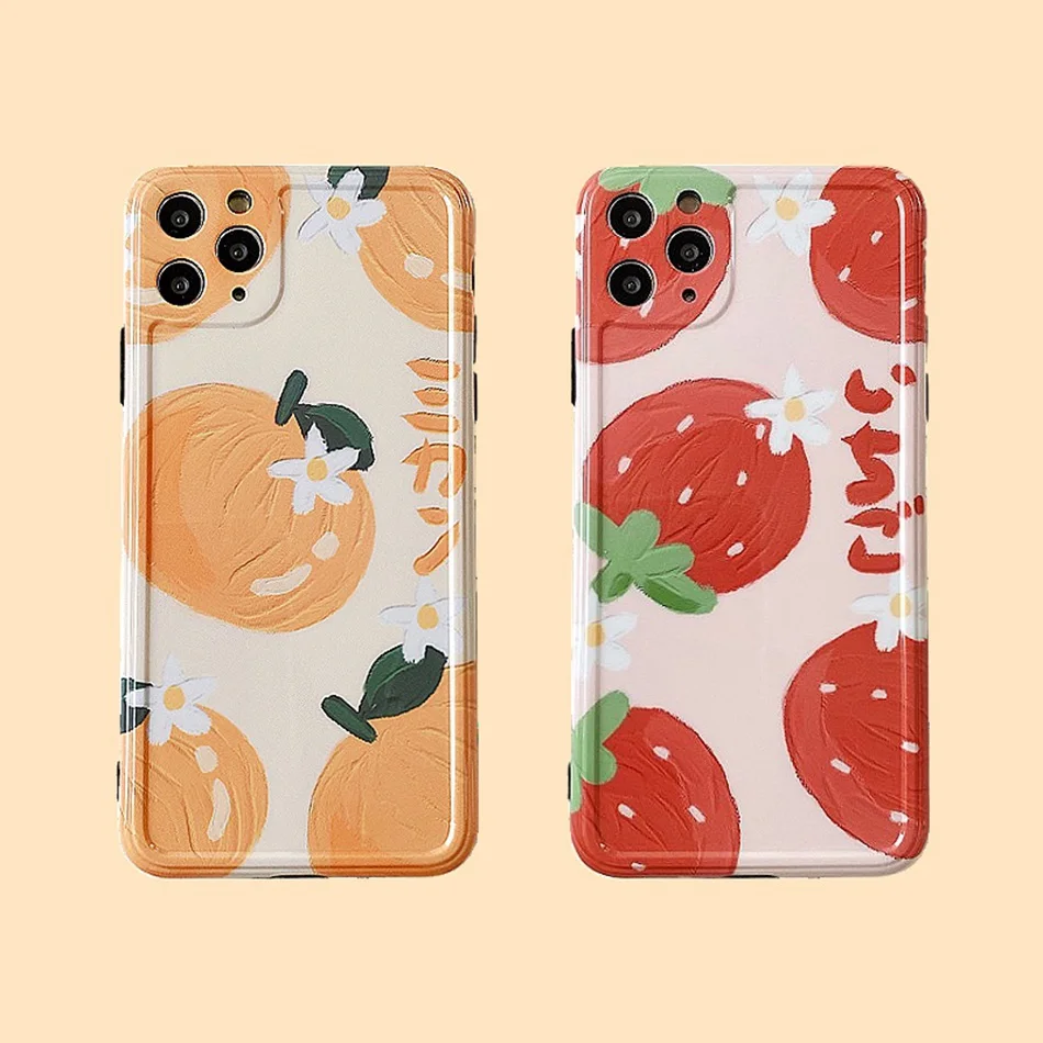 

For iPhone 11 Pro XS Max XR X Case Cute Strawberry Orange Phone Case For iPhone SE 8 7 Plus Lovely Soft TPU IMD Back Cover Coque