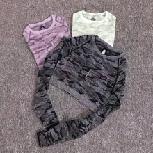 Женская камуфляжная Йога укороченный топ бесшовные рубашки для тренировки с длинными рукавами Обрезанные Фитнес-Спорт футболки плотная Спортивная одежда для тренажерного зала