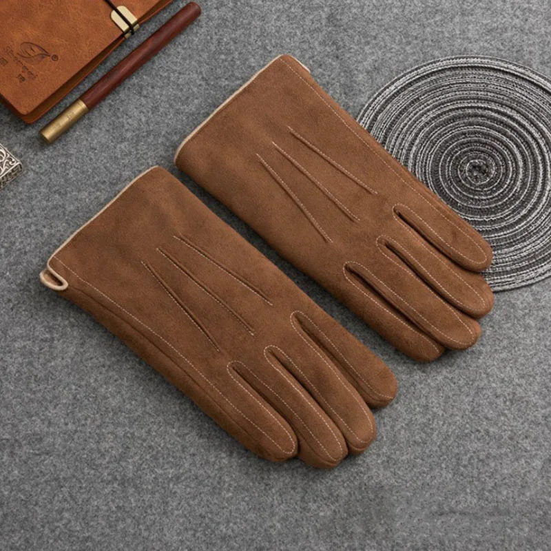 

2019 Autumn Winter Men Warm Gloves Suede Leather Thermal Fleece Brown Gloves for Female Mens Warm Motorcycle Sport Mittens Brown