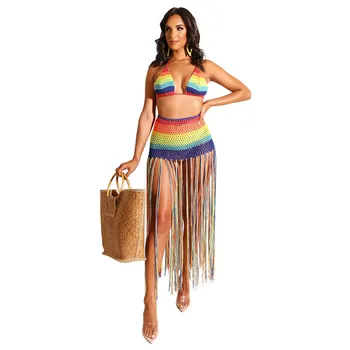 

2020 Summer Fishnet Knitted Two Piece Set Women Sexy See Through Night Club Suits Bra Top Tassel Skirts Casual Beach Outfits