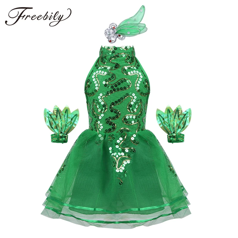 Green Kids Girls Shiny Sequined Mesh Ballet Tutu Dress Sleeveless Mock Neck Children Stage Performance Jazz Dance Costume | Тематическая