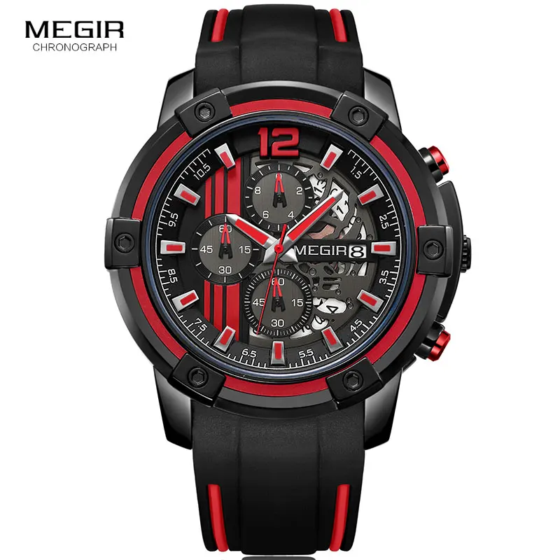 Kaufen Megir männer Sport Quarz Uhren Armee Military Chronograph Armbanduhr für Mann Leuchtende Relogios Masculino Uhr 2097 Schwarz Rot