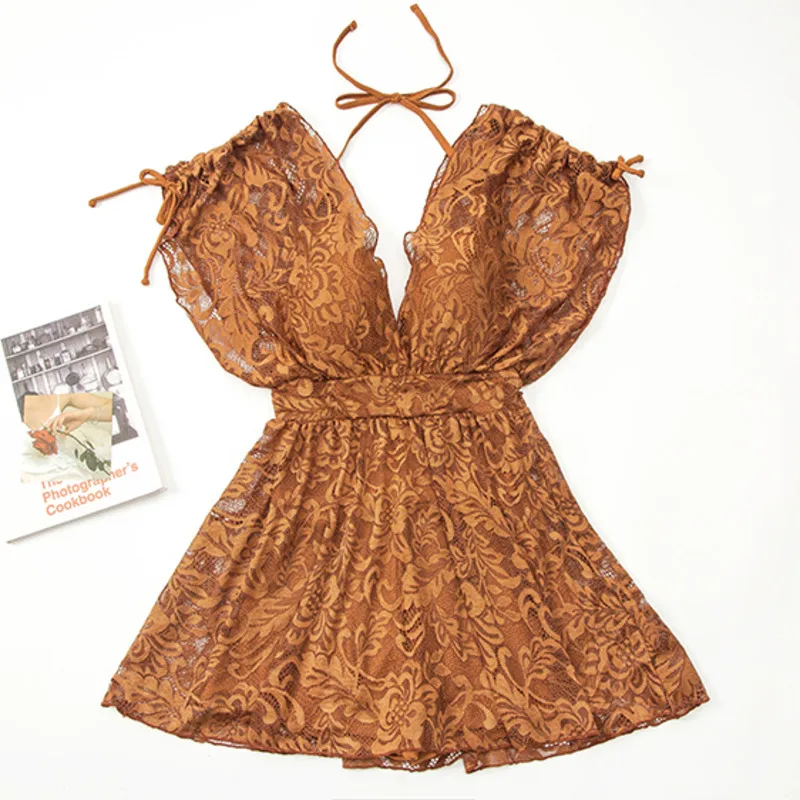 One Piece Swimsuit Short Sleeve Swimwear Push Up Solid Swim Dress Women's Swimming Suit Halter Lace Plus Size Beachwear Ladies