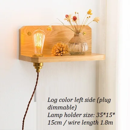 LukLoy деревянный светодиодный светильник прикроватный настенный светильник для спальни с регулируемой яркостью медный Настенный бра деревянный корпус разъема-в ретро деревянном настенном освещении для гостиной - Цвет абажура: log color-left
