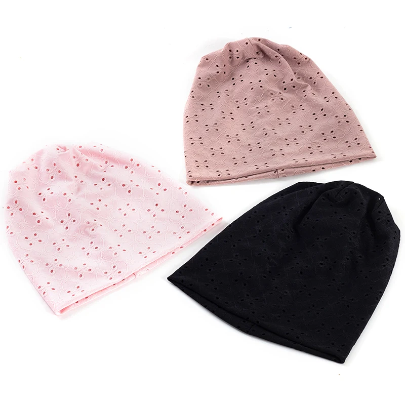 

Geebro New Summer Hollow Design Breathable Women Beanie Soild Color Dot Hollow Hat For Female Plain Cap