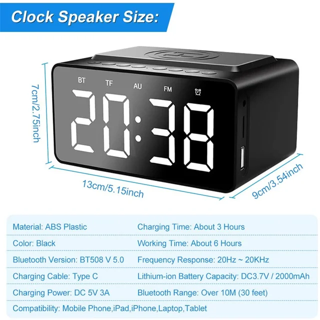 alarm clock digital Bluetooth Speaker fm radio with clock with USB Charger & Wireless QI Charging 3 Level Digital Desktop Clock 6