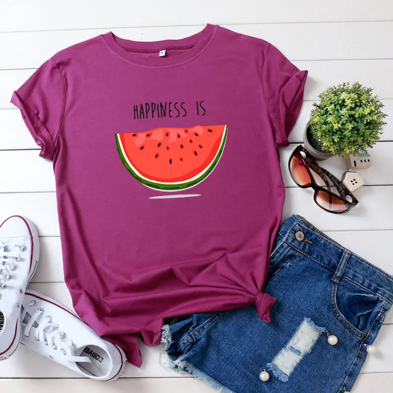 Happiness is Watermelon Printed 100% Cotton Short-sleeved Women's T-shirt Casual Soft Female T shirt Women Plus Size Femme Top