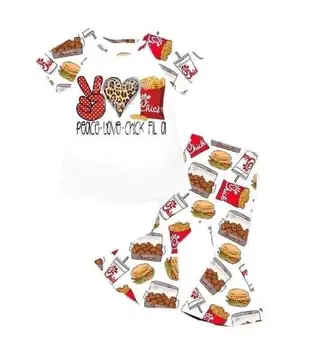

boutique outfitsFried Fried Chicken Burger French Fries Coke Coffee Pattern bell pants girl clothes set