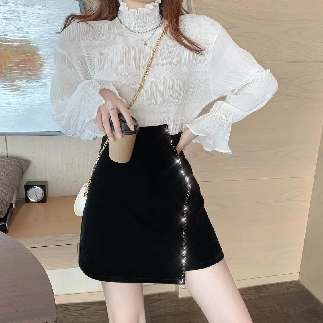 Ins CHIC Europe French Irregular Velvet Hand Bead Rhinestone Woman Velour Mini Skirt High Waist Bodycon Lady Bottom Black Winter