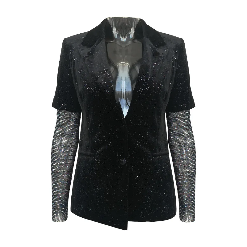 Новинка, шикарный модный блейзер в полоску с вышивкой и блестящими рукавами, женская черная однотонная уличная модная длинная куртка, осень