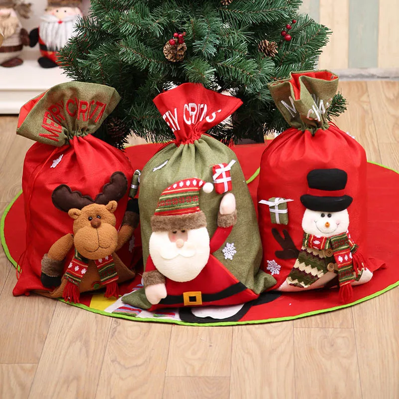 

Large Three-dimensional Linen Lovely Christmas Gift Bags Christmas Old Man Back Bag Santa Claus Style Snowman Children Kids