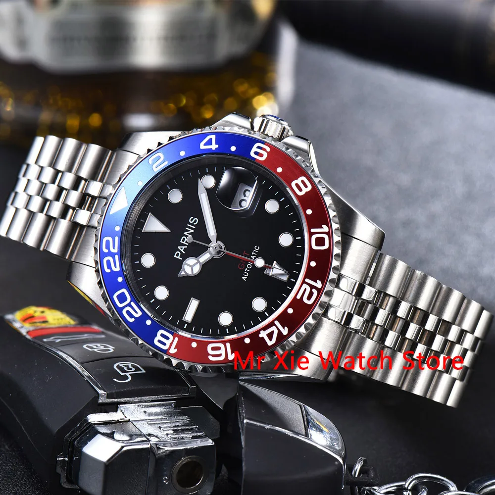 Мужские автоматические механические часы Parnis 40 мм GMT роскошные брендовые