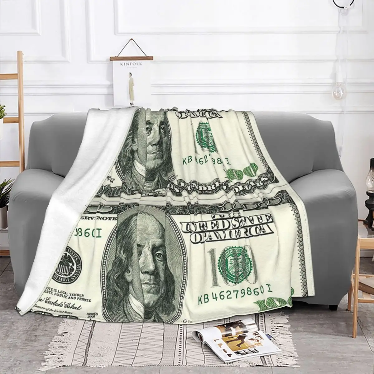 Benjamin Franklin 100 Dollar Bill Knitted Blankets Fleece Money Pattern USA Warm Throw Blankets for Car Sofa Couch Bedspread 2