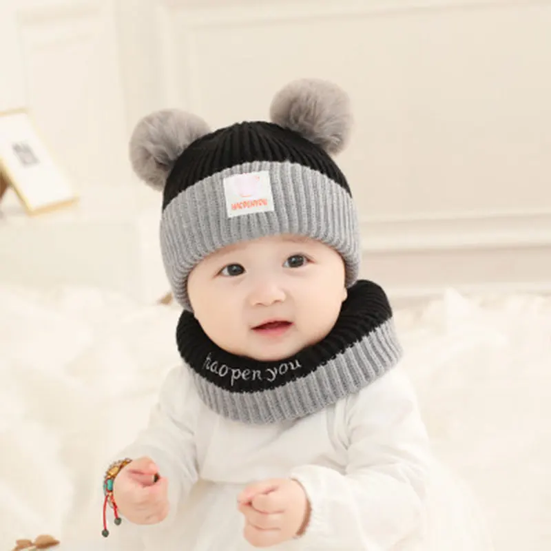 Милая детская шапка с мышкой, помпон, зимний шарф, детская шапка, вязанная Милая шапка, детская шапка для девочек и мальчиков, Повседневные детские шапки - Цвет: LCK092035hat-scarf