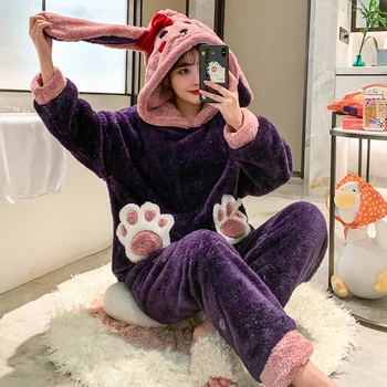 

Winter new Korean pajamas women's Sweet cartoon casual Plush hooded housewear set
