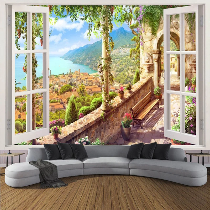 

Photo Wallpaper 3D Stereo Window Seascape European Town Landscape Murals Living Room Sofa TV Background Wall Home Decor Fresco