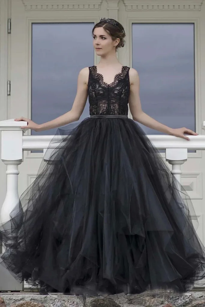 

Ball Gown Lace Tulle Long Prom Dresses Black Wedding Evening Dresses Floor Length vestidos de gala