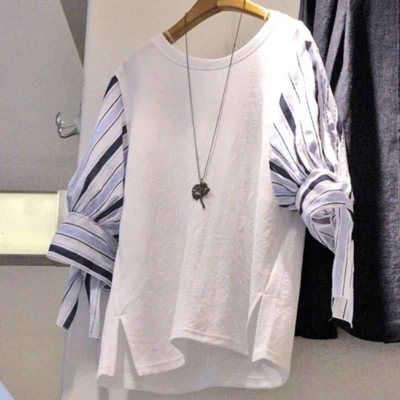 

[EWQ] 2019 Summer New Pattern Office Lady Style Korean Fashion Short Sleeve Split Patchwork Round Collar T-shirt AF484