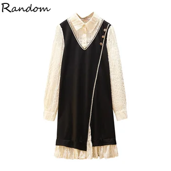 

Plus Size Women Elegant Korean Patchwork Tweed Dress Autumn Female 2020 Turn-down Collar Long Sleeve Jacquard Shirt Dresses