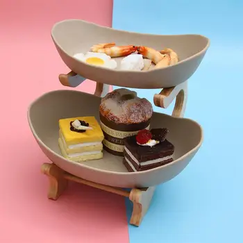 

Fashionable Ceramics Dry Fruit Dish Bamboo And Wood Frame Sushi Dish for Home Store (Double-Deck Pattern)