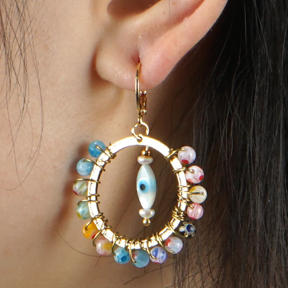 

Cross Border Accessories INS Europe and America Bohemian Style Color Versatile Circle Earrings Cool Exaggeration Bead Ear Rings