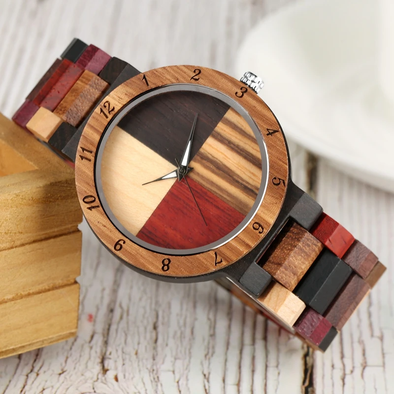 Модные часы мужские часы уникальные смешанные цвета с циферблатом Кварцевые Полный Деревянный регулируемый ремешок кварцевые наручные часы Relojes Hombre