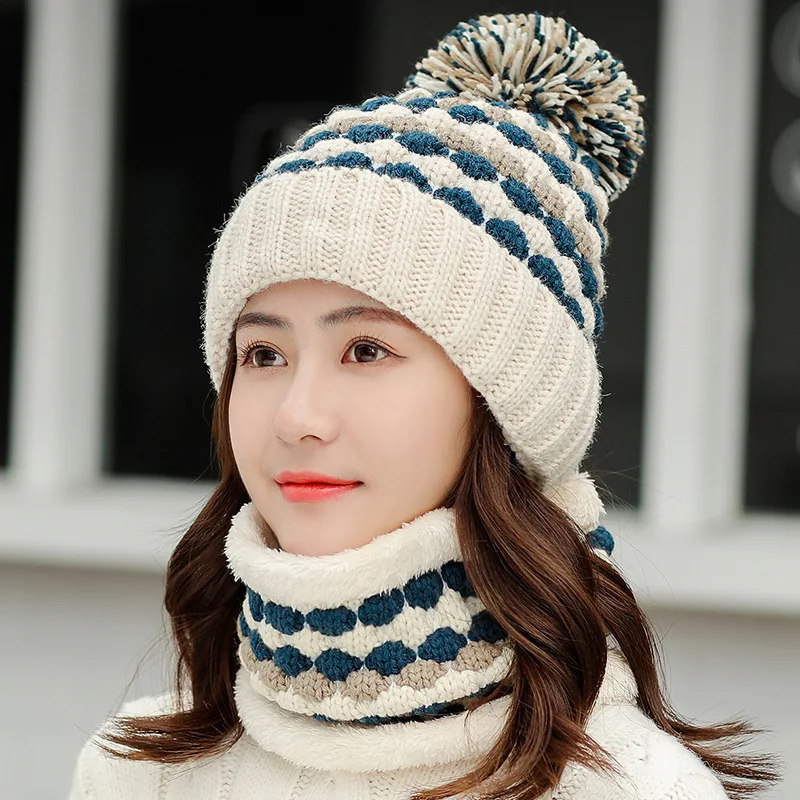 Зимний шарф снуд 2 шт. женские плотные теплые вязаные бархатные облегающие шапки