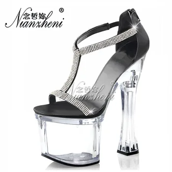 

Narrow band Rhinestone Open Toe Big Size Women's Sandals 18cm Super High heeled shoes 7 inches Spool heels Party Dress Fashion
