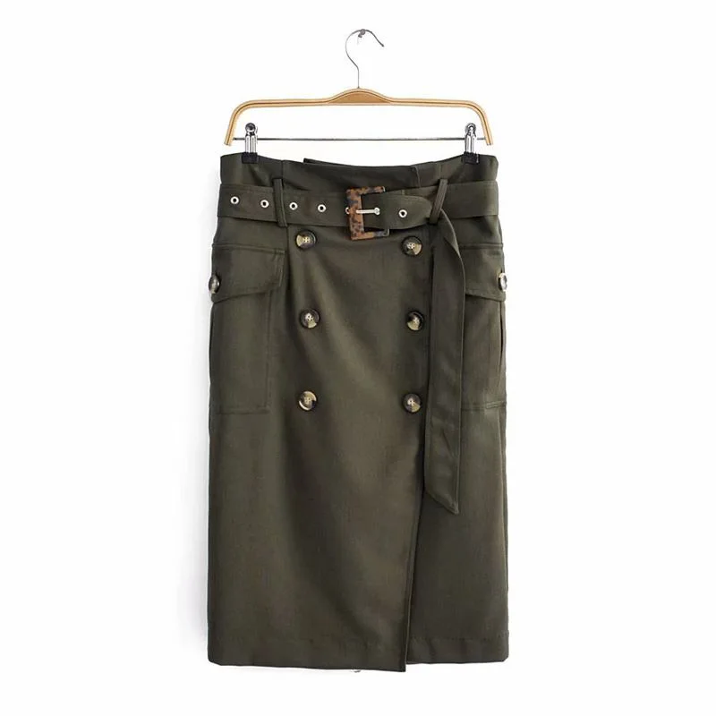 

2019 Autumn Fashion Elastic Waist Belt Double Breasted Symmetric Pocket High-waisted Skirt Skirt WOMEN'S Dress