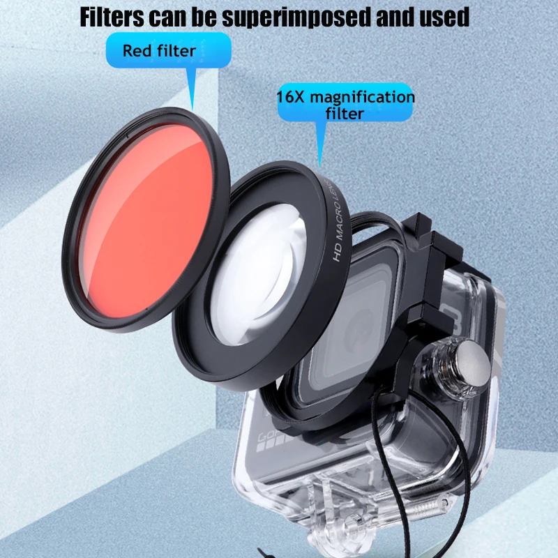 16X Macro Filter for Gopro 10/9/8 Black Original Waterproof Case Diving Red Purple Filter +Adapter Ring+Lens Cap for Gopro 10/9 camera neck strap